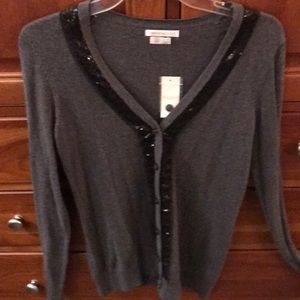 NWT button up grey sweater with black sequins